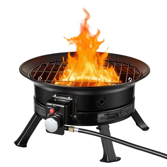 19-Inch Propane Fire Pit, 53,000 BTU Portable Gas Fire Bowl with Grill Grate & Lava Rocks, Adjustable Flame, Folding Legs, Smokeless Fire Pit for Outdoor Camping, Patio, Backyard, Deck, RV, Black