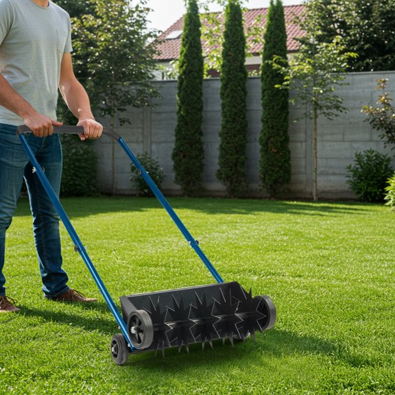 19-Inch Push Spike Aerator, Heavy Duty Rolling Lawn Aerator, Rotary Spike Lawn Aerator, Manual Aeration Equipment with U-Shaped Handle, Suitable for Lawns, Garden, and Yard Grass Aeration, Black+Blue
