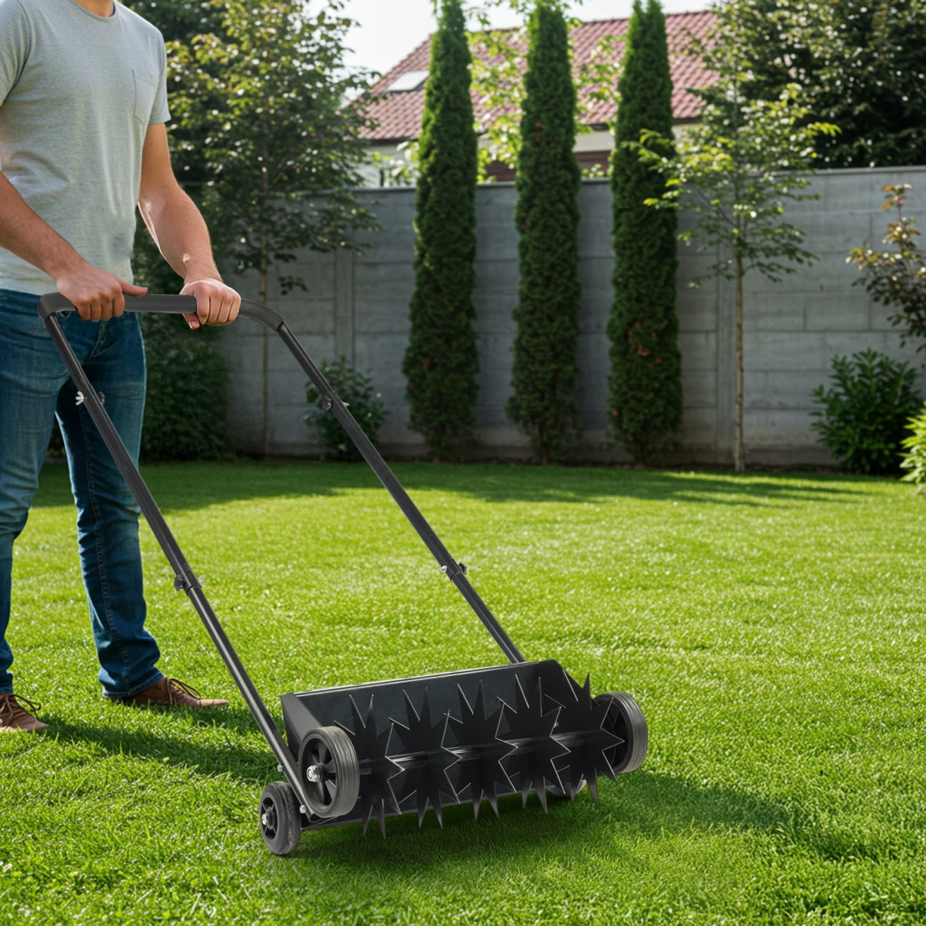 19-Inch Push Spike Aerator, Heavy Duty Rolling Lawn Aerator, Rotary Spike Lawn Aerator, Manual Aeration Equipment with U-shaped Steel Handle, Suitable for Lawns, Garden, and Yard Grass Aeration, Black