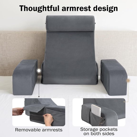19 Inch Reading Pillow for Bed with Firm Back Support and Large Storage Pockets