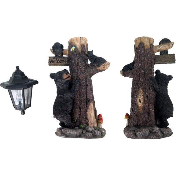 19 Inch Resin Bear Family Garden Statue with Solar Light & Welcome Sign, Outdoor Black Bear Decor for Lawn, Courtyard & Yard, Thanksgiving Christmas Holiday Gift
