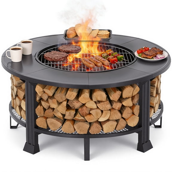 Outdoor Fire Pit, 38" Firepit, Segmart Wood Burning Fire Pit, Fire Pits for Outside, Fire Pit Table with Lid, Grill, Poker, Waterproof Cover, Round Metal Firepit Table For Outside Patio, Black