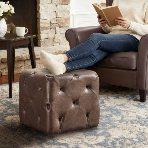 19-Inch Square Tufted Ottoman Footstool, Upholstered Cube Pouf with Button Tufting for Living Room, Bedroom (Multiple Fabrics)