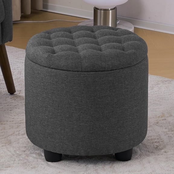 19 Inch Storage Round Ottoman, Footstools with Hidden Storage with Removable Lid, Stylish Button Tufted Design Ottoman Foot Stools for Living Room, Bedroom, Darkgrey