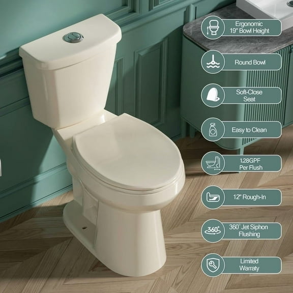 19 Inch Tall Toilet for Seniors, ADA High Toilet, Comfort Bowl Height Bathroom Toilet, Two-Piece Dual Flush 1.1/1.6 GPF, 12 Inch Rough In,Bone Color, Round Bowl for Small Bathroom