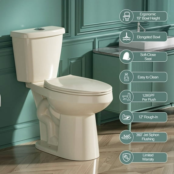 19 Inch Tall Toilet for Seniors, Elongated High Toilet, Comfort Bowl Height 19” Toilet, Seat Height 20 Inch, Two-Piece, Dual Flush 1.1/1.6 GPF, 12” Rough In, Bone Color, for Bathroom