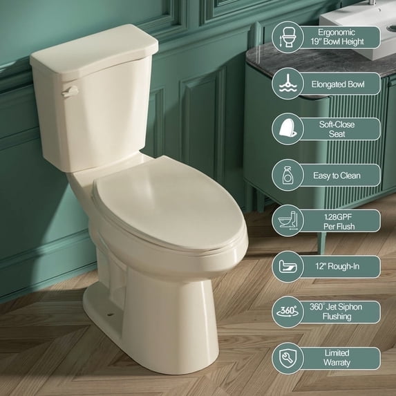 19 Inch Tall Toilet for Seniors, Elongated High Toilet, Comfort Bowl Height ADA Toilet, Seat Height 20 Inch, Two-Piece Single Flush 1.28 GPF,12” Rough In,Bone Color, for Bathroom