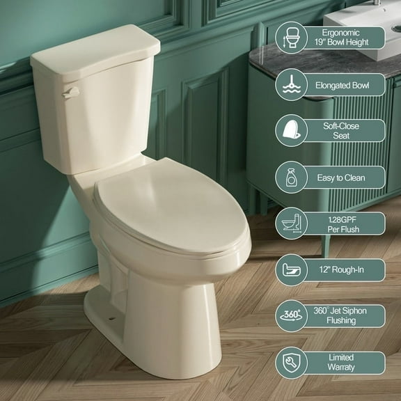 19 Inch Tall Toilet for Seniors, Elongated High Toilet, Comfort Bowl Height ADA Toilet, Seat Height 20 Inch, Two-Piece Single Flush 1.28 GPF,12” Rough In,Bone Color, for Bathroom