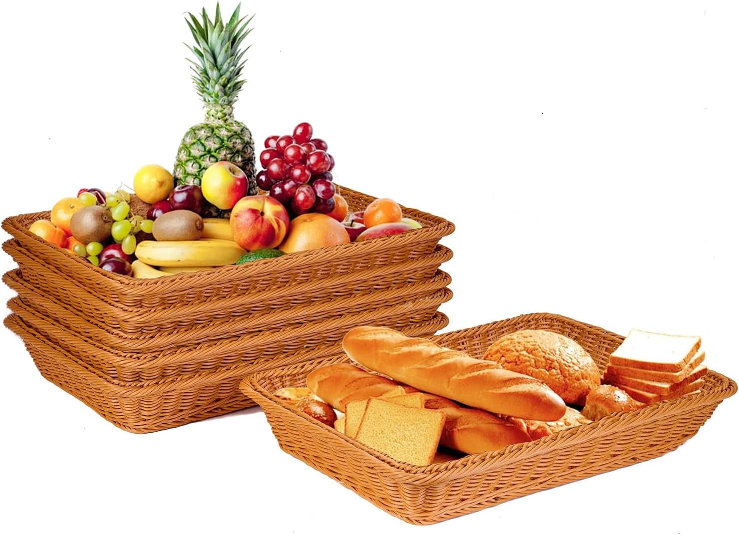 10 Pack 16 Inch Wicker Bread Baskets - Rectangular Plastic Woven Baskets, Waterproof & Grease-Proof, For Serving Fruits, Vegetables, Snacks, Storage