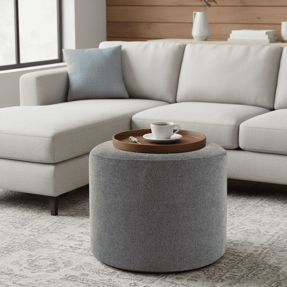19-Inch Wide Round Pouf Ottoman Footstool, Versatile Upholstered Design for Living Room, Bedroom