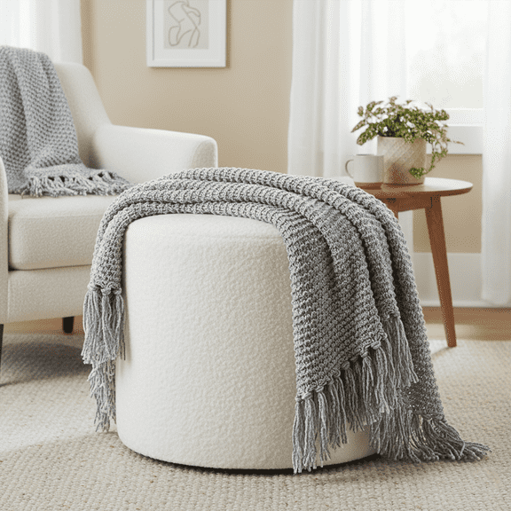 19-Inch Wide Round Pouf Ottoman Footstool, Versatile Upholstered Design for Living Room, Bedroom