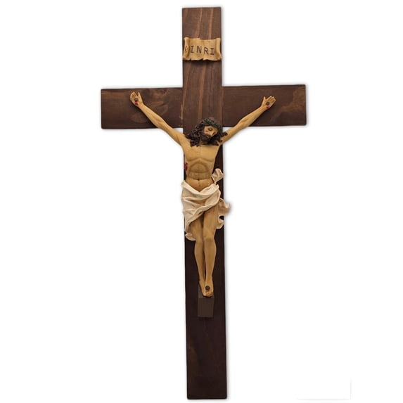 19 Inch Wooden Wall Crucifix with Resin Jesus Figure - Catholic Religious Cross Decor for Home, Church, Prayer Room