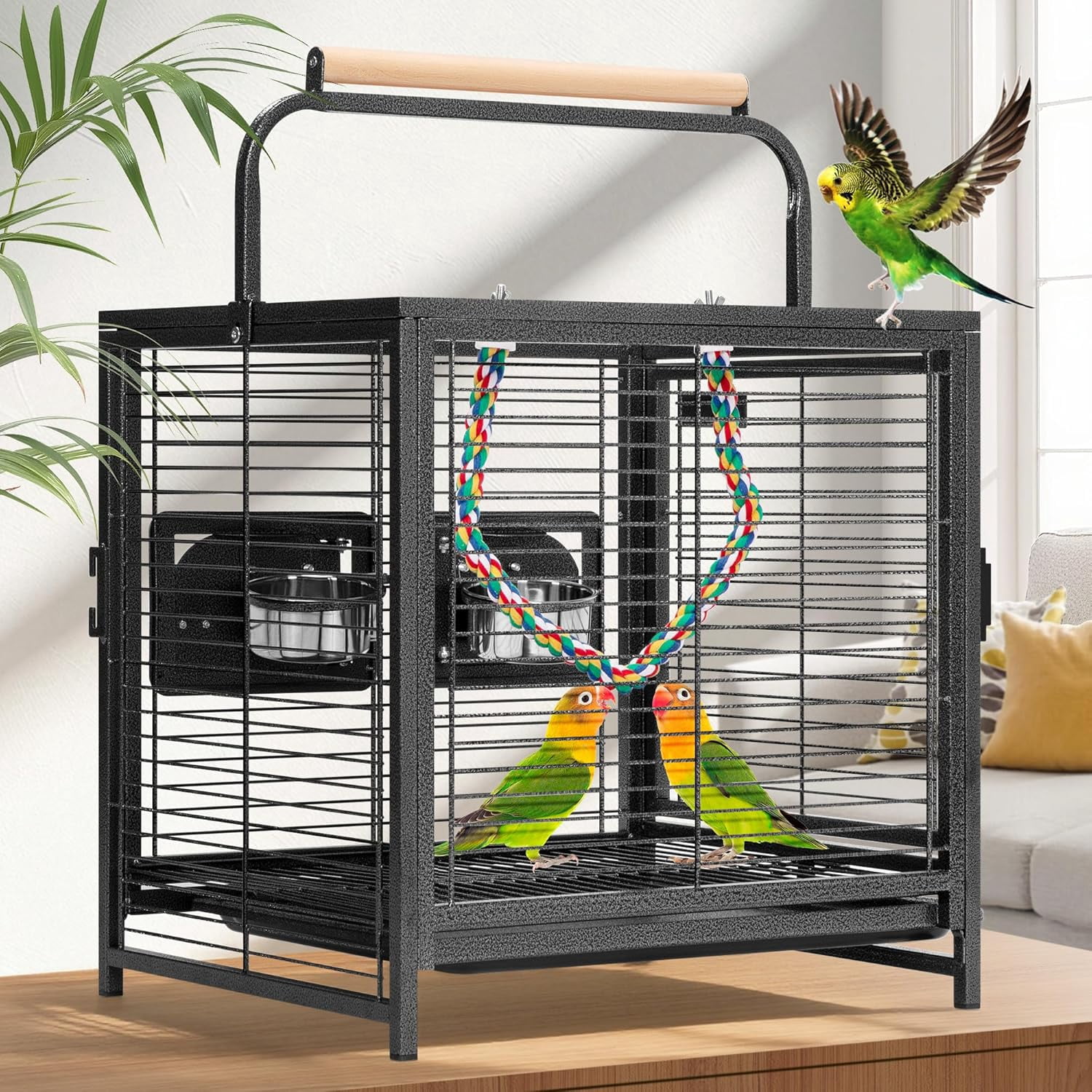 19 Inch Wrought Iron Bird Travel Carrier Cage for Parrots Conures Lovebird Cockatiel Parakeets Black