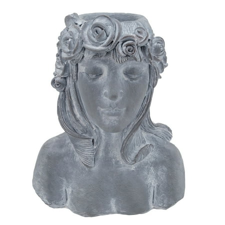 19 Inches Resin Lady Sculpture Planter with Roses Design, Gray