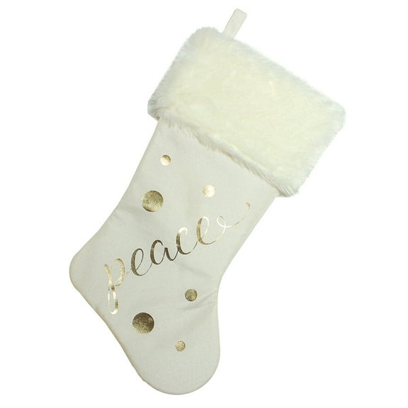 Northlight 19" Ivory White Gold Foil "Peace" Christmas Stocking with White Faux Fur Cuff