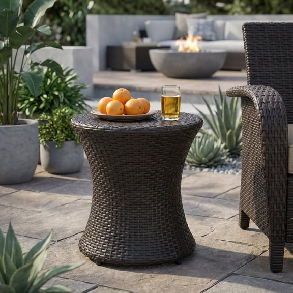 19" Kono Hourglass Outdoor End Table - No Glass Top, Brown Wicker-Style Accent Table for Patio, Porch & Garden