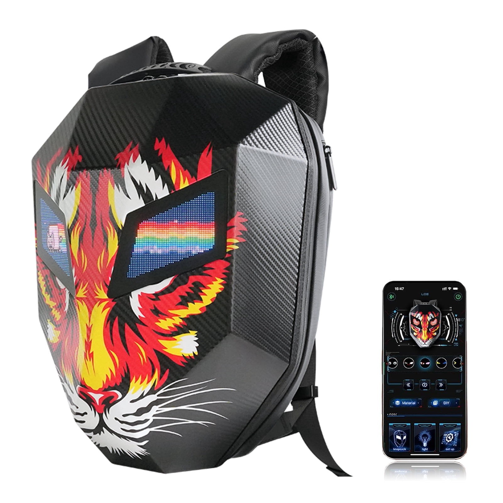 19" LED Backpack, Animated Digital Motorcycle Backpack with Programmable Moving Eyes, DIY Graffiti, Perfect Tech Gear - Tiger
