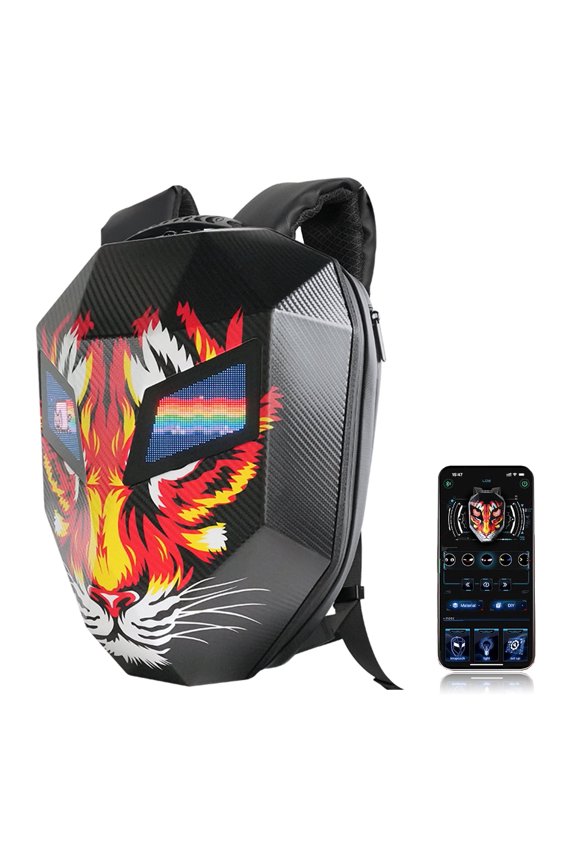19" LED Backpack, Animated Digital Motorcycle Backpack with Programmable Moving Eyes, DIY Graffiti, Perfect Tech Gear - Tiger