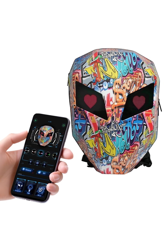 19" LED Backpack, Animated Digital Motorcycle Backpack with Programmable Moving Eyes, DIY Graffiti, Perfect Tech Gear