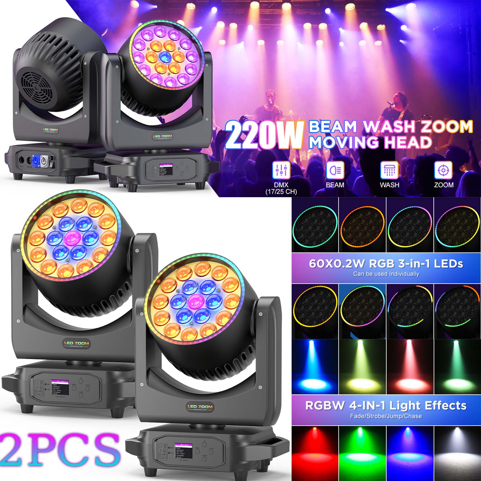 19 LED Moving Head Light DJ Lights, Wash Zoom RGBW Beam Stage Lights