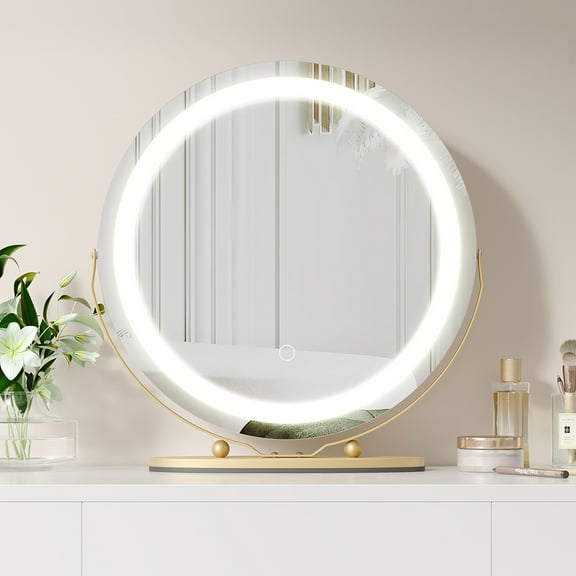 19" LED Vanity Mirror - 3-Color Adjustable Makeup Mirror with 360° Swivel, Touch Control (Gold/White/Black)