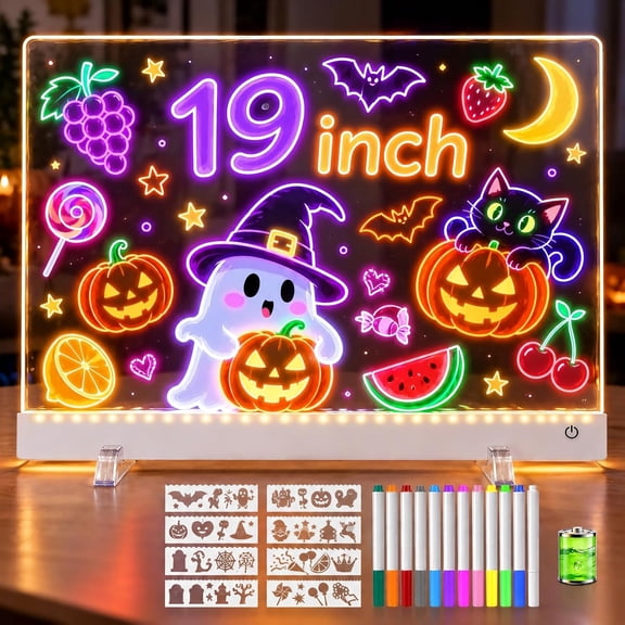 19" Large Led Drawing Board Rechargeable for Girls Kids Gifts Ideas Acrylic Light Drawing Tablet, Doodle Glow LED Note Board Neon Art, 12 Markers & 8 Stencils