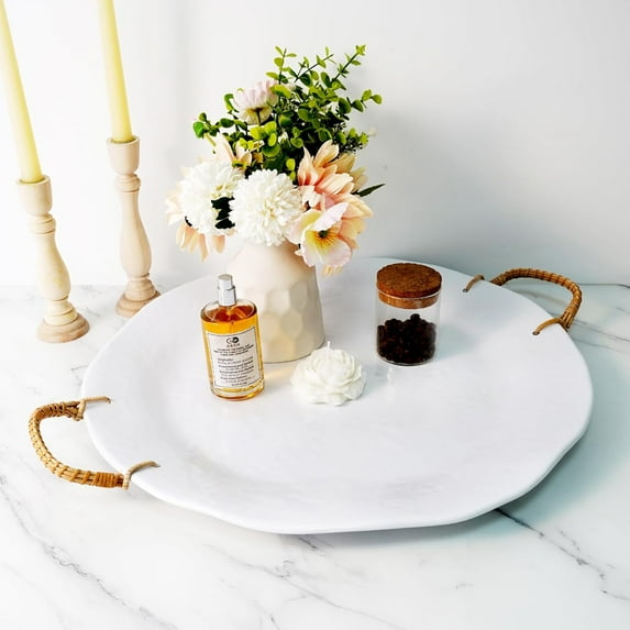 19" Large Serving Tray with Rattan Handle, Melamine Round Platters for Kitchen, Parties, Entertaining Set of 2