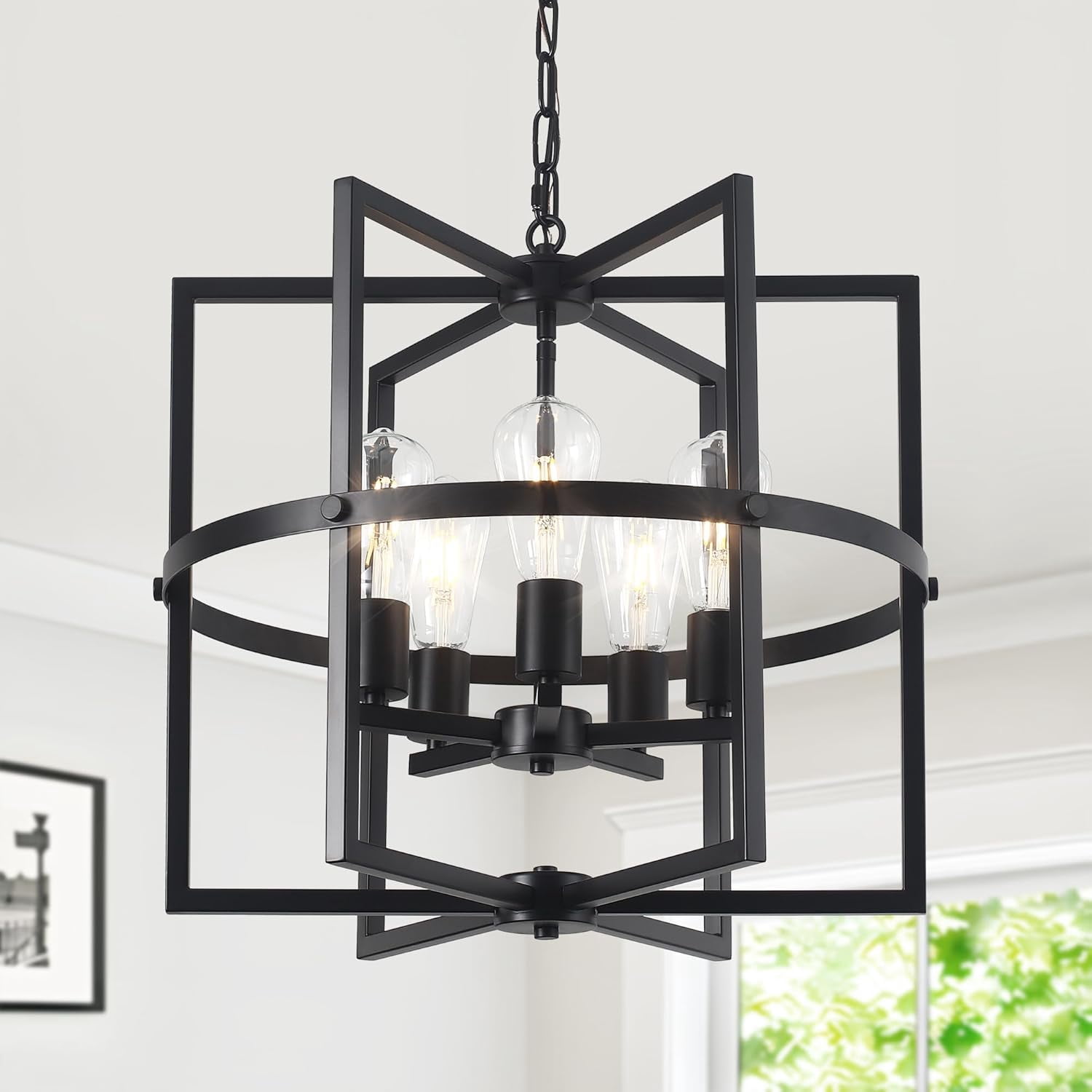 Modern Black 5-Light Glass Chandelier - Dimmable Drum Pendant Light For Dining Room, Bedroom, Living Room & Hallway