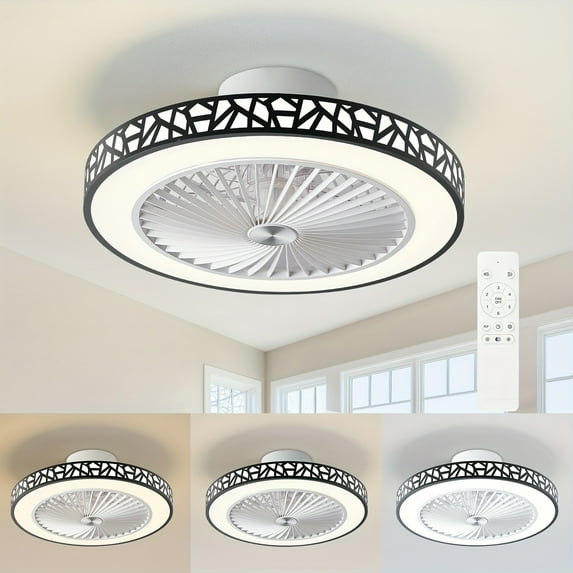 19" Modern Low Profile Ceiling Fan With 6 Speeds, Reversible Bladeless Ceiling Fan, 48W Dimmable Led Fan Lights Quiet Timing For Bedroom, Living Room, Office