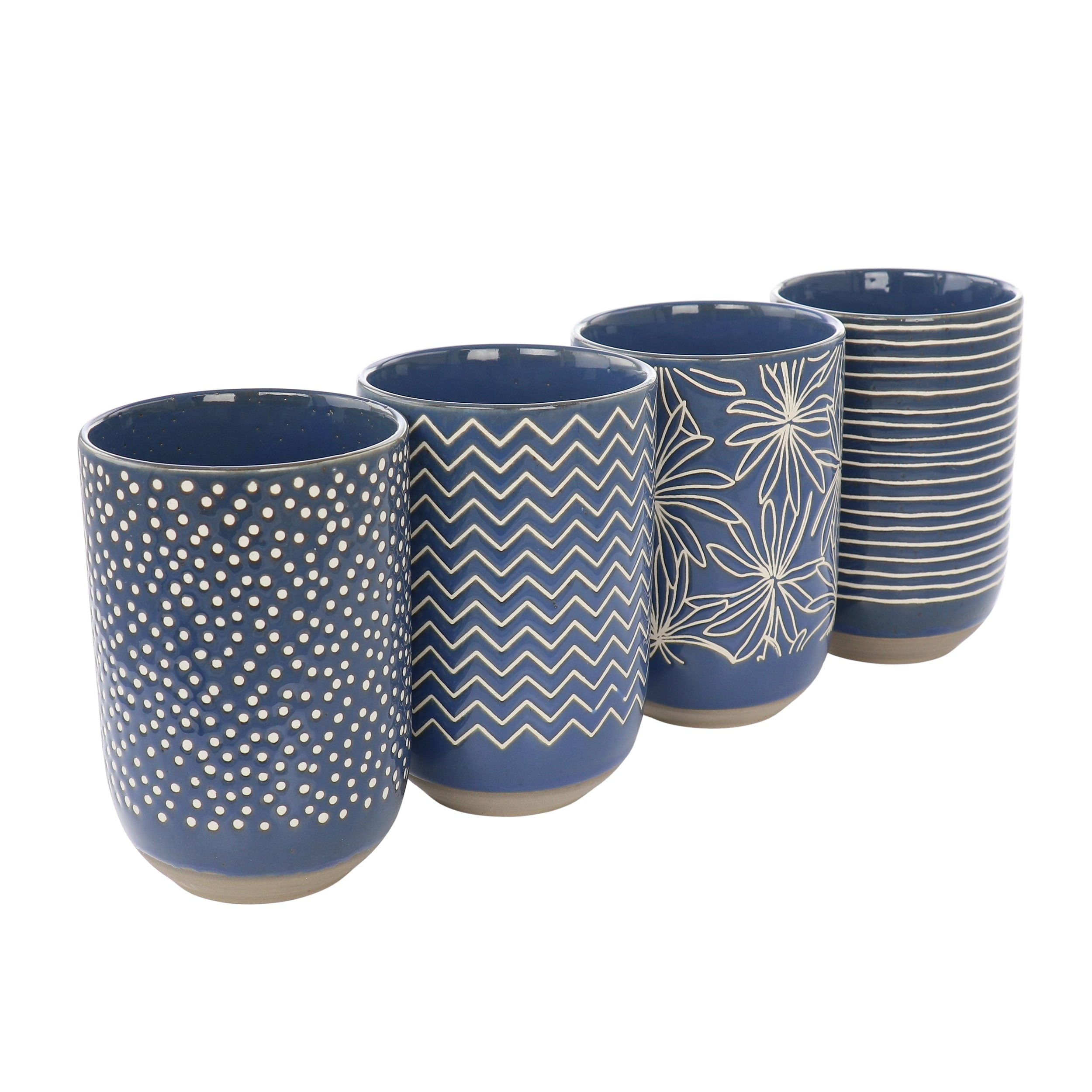 19 Ounce Blue Ceramic Assorted Design Mugs - Set of 4
