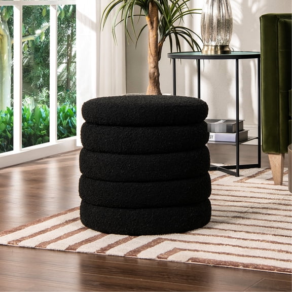 19" Oversized Round Ebony Black Boucle - Handcrafted Furniture Strong Birchwood & Plywood Frame Comfortable Foam Cushion Hidden Storage Compartment Floor Invisible Feet , Crafted With Precision And