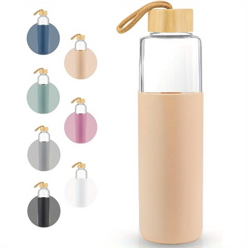 19 Oz Borosilicate Glass Water Bottles with Bamboo Cap, Featuring a Non-Slip Silicone Sleeve And a Leak-Resistant Lid - Ideal Glass Water Bottle-19 ozCamel