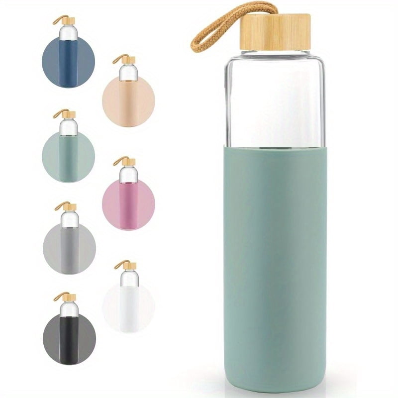 19 Oz Borosilicate Glass Water Bottles with Bamboo Cap, Featuring a Non-Slip Silicone Sleeve And a Leak-Resistant Lid - Ideal Glass Water Bottle-19 ozGreen