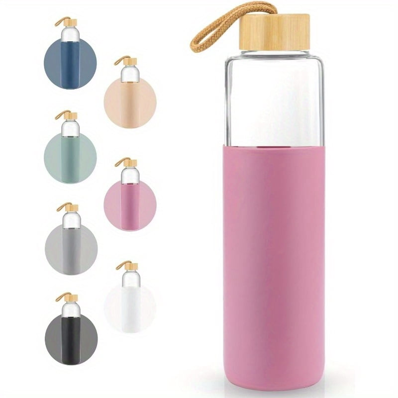 19 Oz Borosilicate Glass Water Bottles with Bamboo Cap, Featuring a Non-Slip Silicone Sleeve And a Leak-Resistant Lid - Ideal Glass Water Bottle-19 ozpink