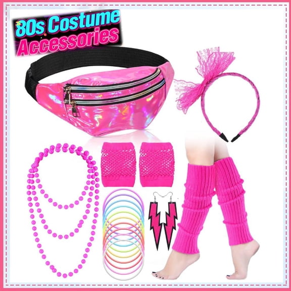 19 PACK 80s Costume Accessories Holographic Fanny Pack Leg Warmers Lace Earrings Gloves Headband Bracelet Necklace