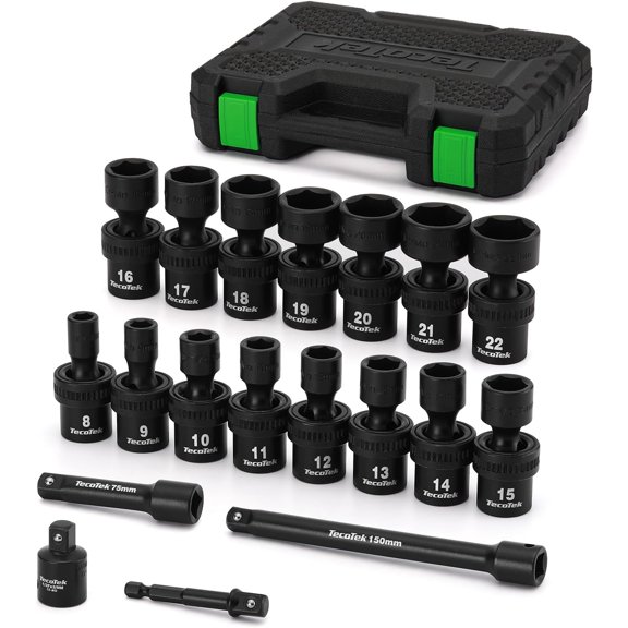 19 PCS 3/8" Drive Shallow Universal Impact Socket Set, Swivel Socket Set, 8-22mm, Metric Socket Set with Flexible Wobble, Cr-Mo Steel, Includes Extension Bars and Adapter