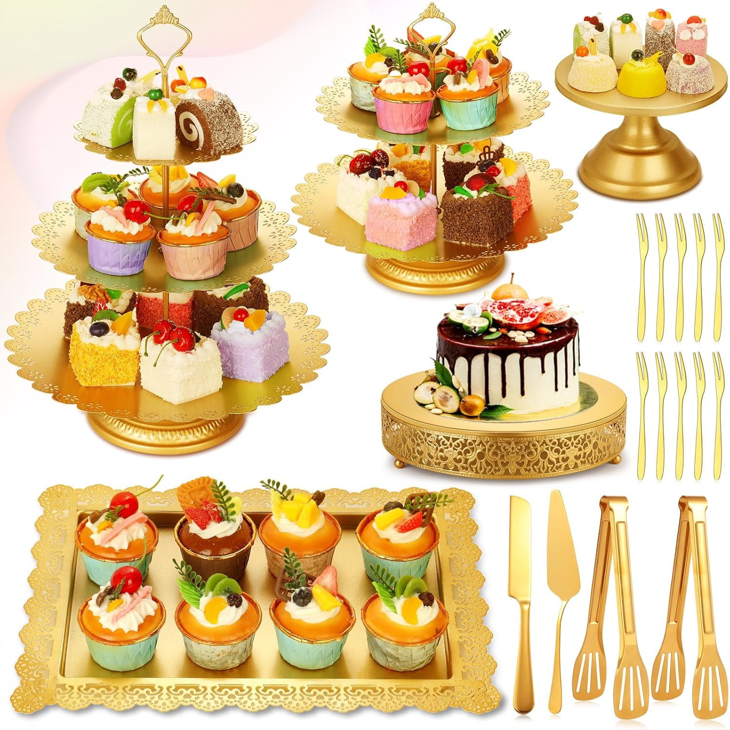 19 PCS Dessert Table Display Set Gold Metal Cake Stands with Tiered ...