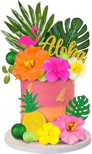 19 PCS Hawaiian Flower Cake Toppers Summer Flamingo Pineapple Cake Decoration with Palm Leaves and Hibiscus Flower for Aloha Themed Party Supplies$$Home Decor, Kitchen, & Other