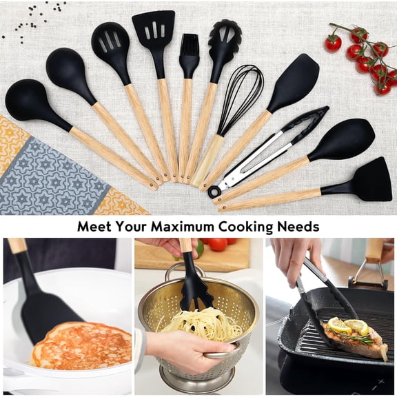 19 PCS Kitchen Cooking Utensils Set, 11 Pieces Silicone Cooking Utensils Set 6 Pieces Sharp Stainless Steel Black Knife Set with 1 Piece Cutting Board, Ideal for Apartment