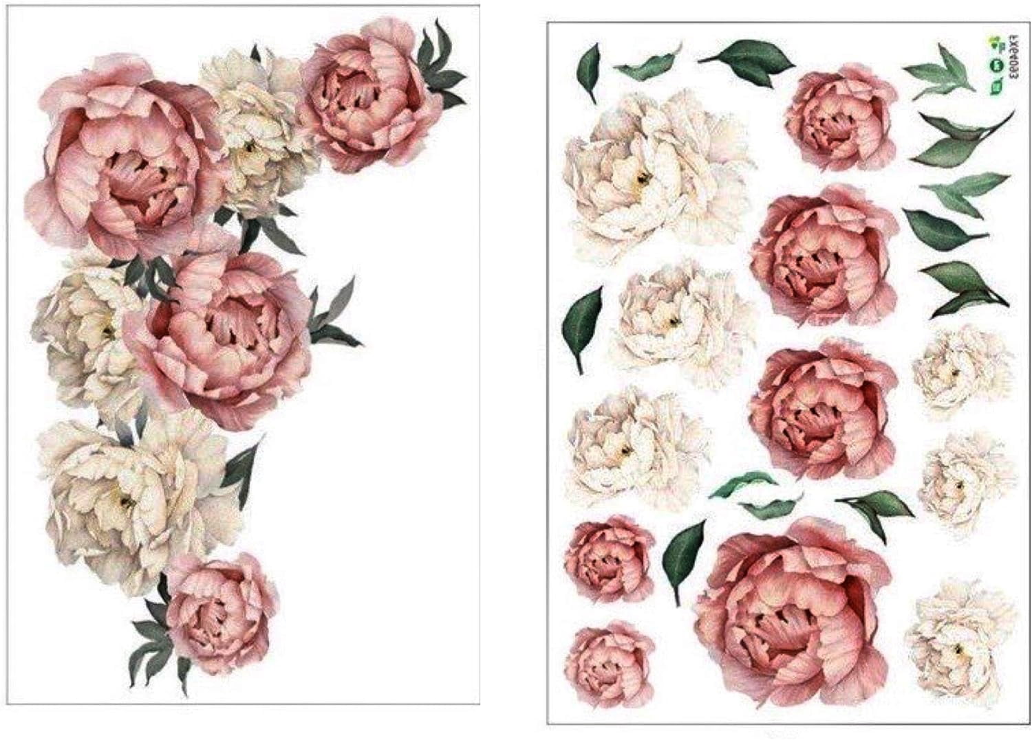 19 PCS Peony Rose Flower Wall Stickers - Watercolor Style, Large & Medium, For Living Room, Nursery, Office