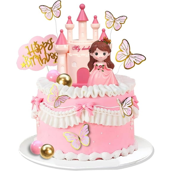 19 PCS Princess Cake Topper Castle Cake Decoration with Butterflies and Balls for Girl Kid Happy Birthday Party Decorations Princess Baby Shower Supplies