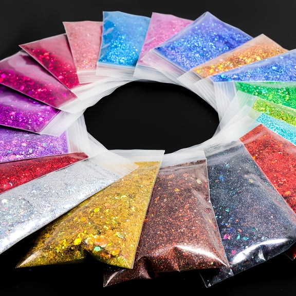 19 Packs of Holographic Coarse Pollen Resin Mixed Nail Glitter Powder, DIY Set, Using Laser Golden and Silvery Hexagonal Pigments, Very Suitable for Artistic Projects