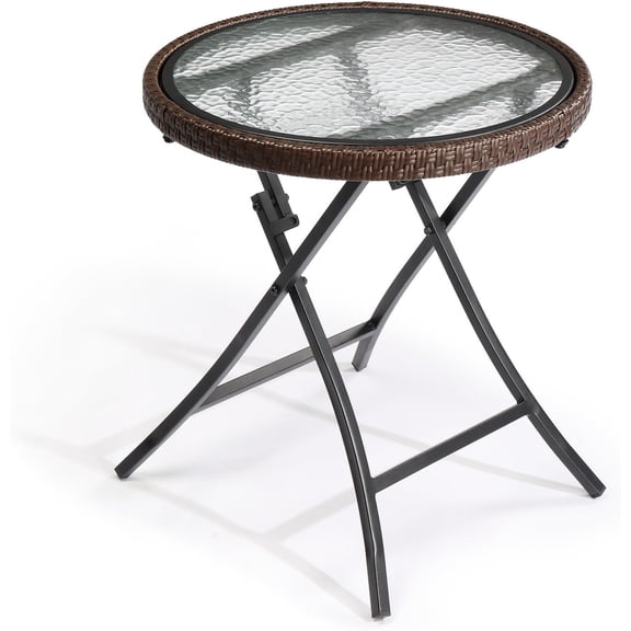 19'' Patio Bistro Table,Outdoor Side Table, Round Rattan Patio Side Table, Small Foldable Wicker Table with Tempered Glass Table Top for Lawn Garden Balcony Porch Deck Pool, Brown