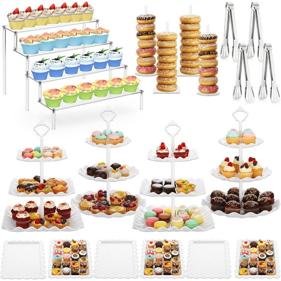 19 Pcs Cupcake Stand Holder, Dessert Table Display Set, Tiered Cupcake Holders Cake Serving Tray and Cake Clips for Christmas Tea Party Wedding Baby Shower Decorations(White and White)