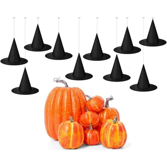 19 Pcs Halloween Witch Hat Hanging Decor with Artificial Pumpkin, 12 Black Floating Witch Hats with Rope and 7 Pumpkin Set Halloween Party Decorations for Home Yard Porch Ceiling
