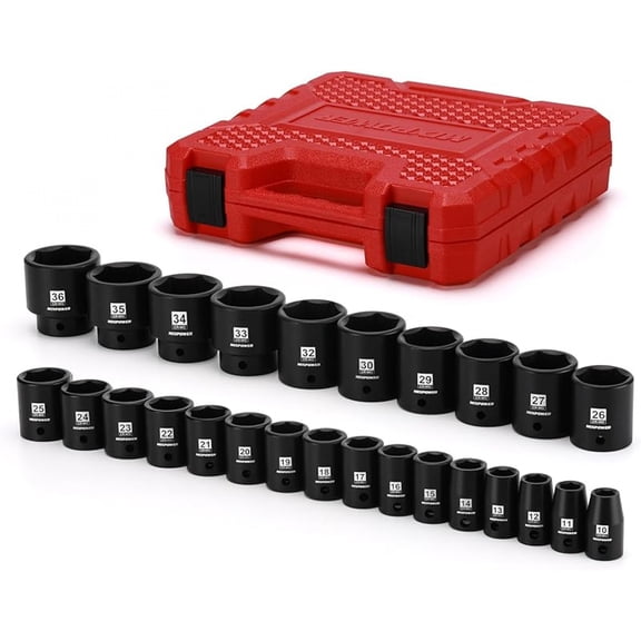 19 Piece 1/2-Inch Drive Standard Impact Socket Set, SAE, Shallow, 3/8" to 1-1/2", Cr-Mo Alloy Steel, Radius Corner Design, Impact Grade