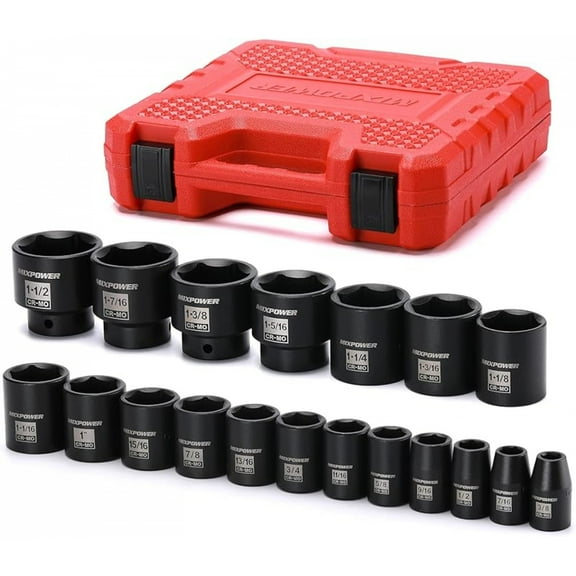 19 Piece 1/2-Inch Drive Standard Impact Socket Set, SAE, Shallow, 3/8" to 1-1/2", Cr-Mo Alloy Steel, Radius Corner Design, Impact Grade