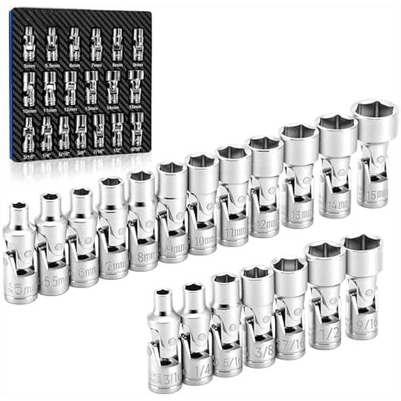 19-Piece 1/4" Drive Universal Joint Socket Set, Swivel Socket Set & Wobble Sockets with Metric (5-15mm) and SAE (3/16"-9/16"), 6-Point CR-V Flex Sockets for Tight Spaces$$Tools & Hardware Other