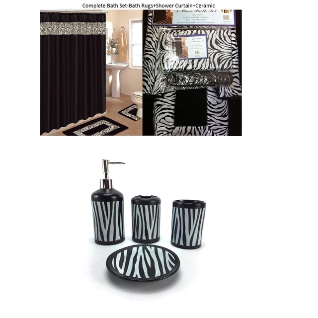 19 Piece Bath Accessory Set Black Zebra Animal Print Bath Rug Set ...
