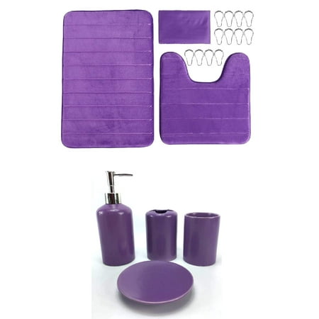 19 Piece Bath Accessory Set Stripe Soft Memory Foam Bathroom Rug Contour Mat + Shower Curtain & Ceramic Accessories (Purple)…